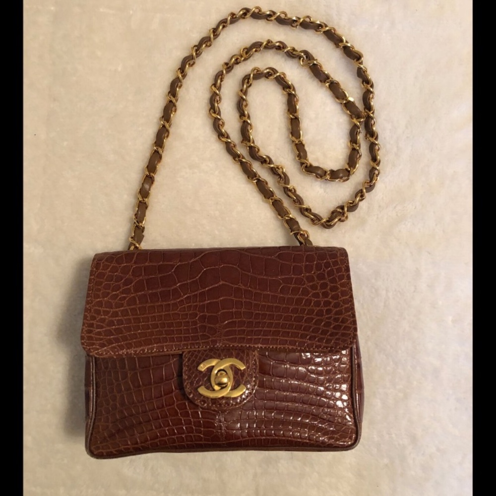 Vintage CHANEL Brown Alligator Classic Mini Square Single Flap Crossbody Bag